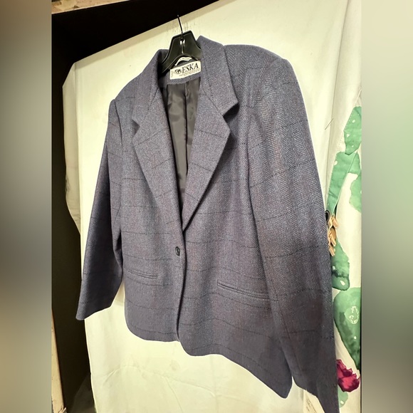 eska internationale women’s gray 100% wool check Lined blazer jacket size 14 - Picture 3 of 13